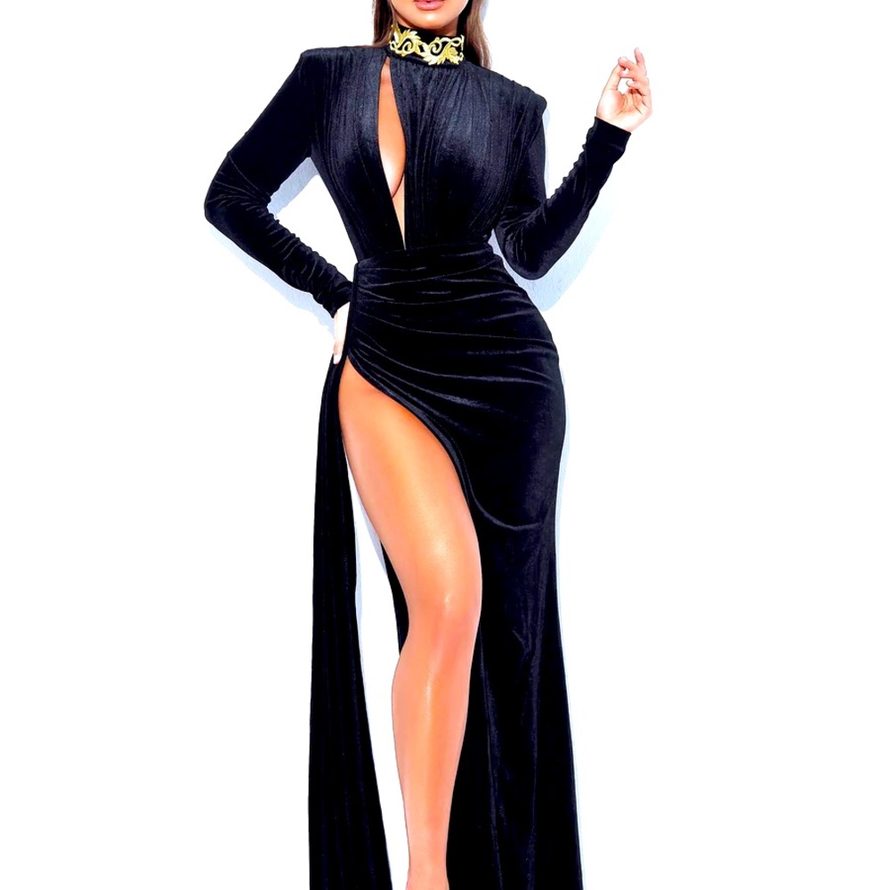 Zenaida Black Cutout High Slit Velvet Gown
